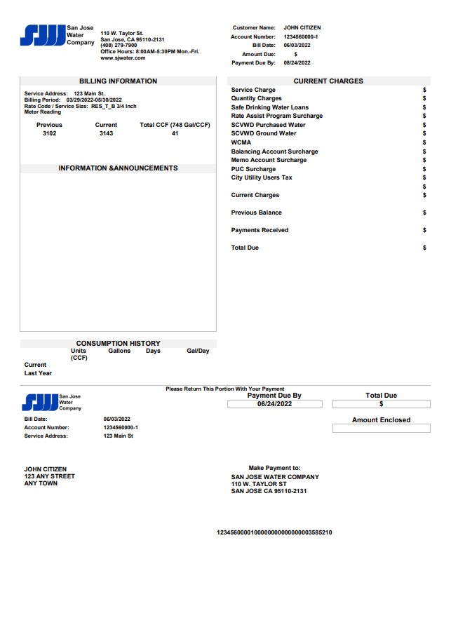 USA California San Jose Water utility bill template in Word and PDF format